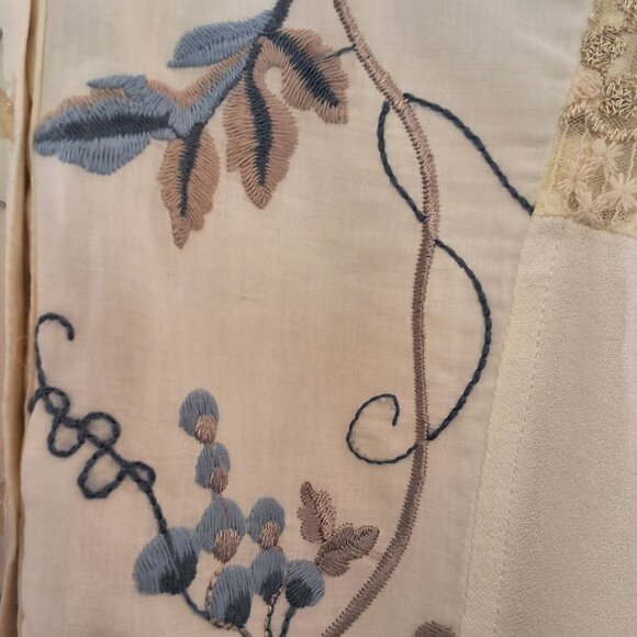 Anthropologie Timy Amarante Embroidered Shirt Dress W/ Metallic Gold Lace & Pear - Picture 6 of 11